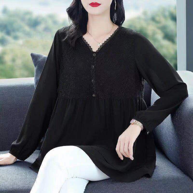 Damen Übergröße Chiffon Kragen Langarm T-Shirt für Frühling/Herbst 2025 - Modisches, Figurformendes und Bauchbedeckendes Oberteil