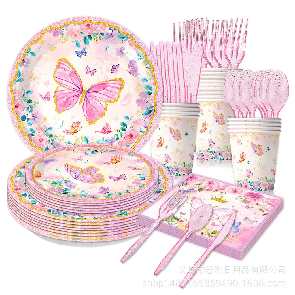 Butterfly Theme Party Supplies Party Decoration Windshield Flag Disposable Tableware Paper Plate Paper Cup