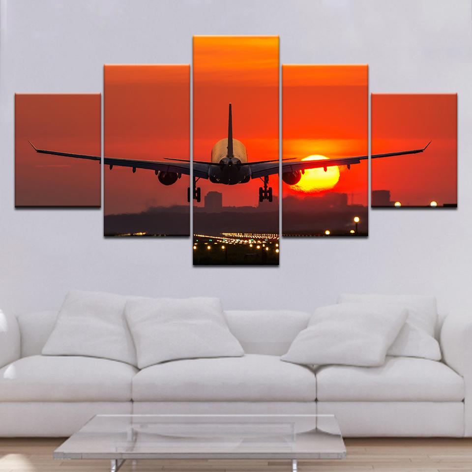 The plane flying sunset 5 piece Wallpapers modern Modular Poster art Canvas painting for Living Room Home Decor
