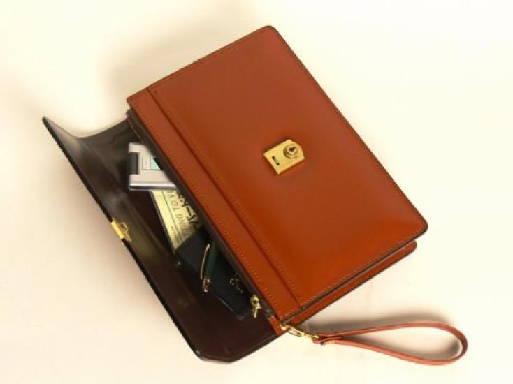 Awaji Bag Workshop Genuine Leather Wide Pouch (Smooth Leather, Brown) [Made in Japan] Cowhide Leather with Lid, Freestanding