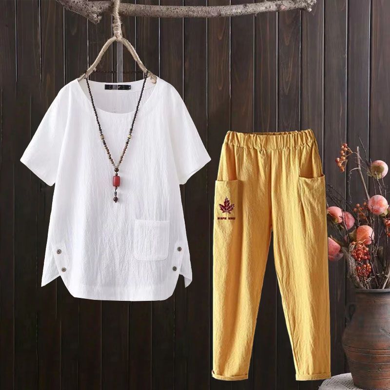 2pcs Cotton Linen Pants Suits Summer Women's Round Neck Cotton Linen Blouse Elastic Waist Cotton Linen Harem Pants Two-Piece Set Casual  Outfits