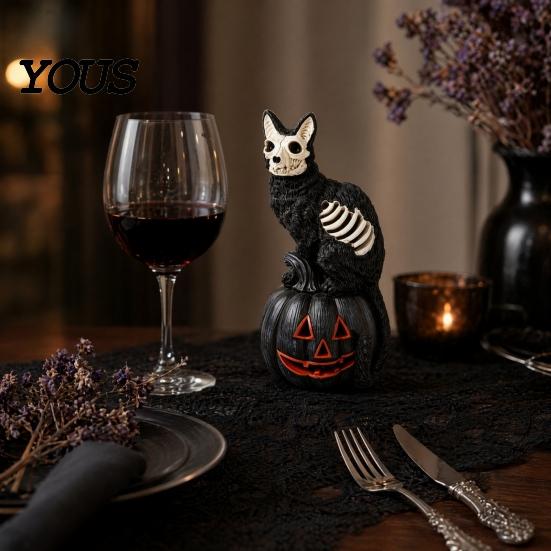 Dark Skull Halloween Statue Black Cat Pumpkin Figurine, Gothic with Hollow Ribs, Hair Bone Sculpture Spooky Decoration for Desktop