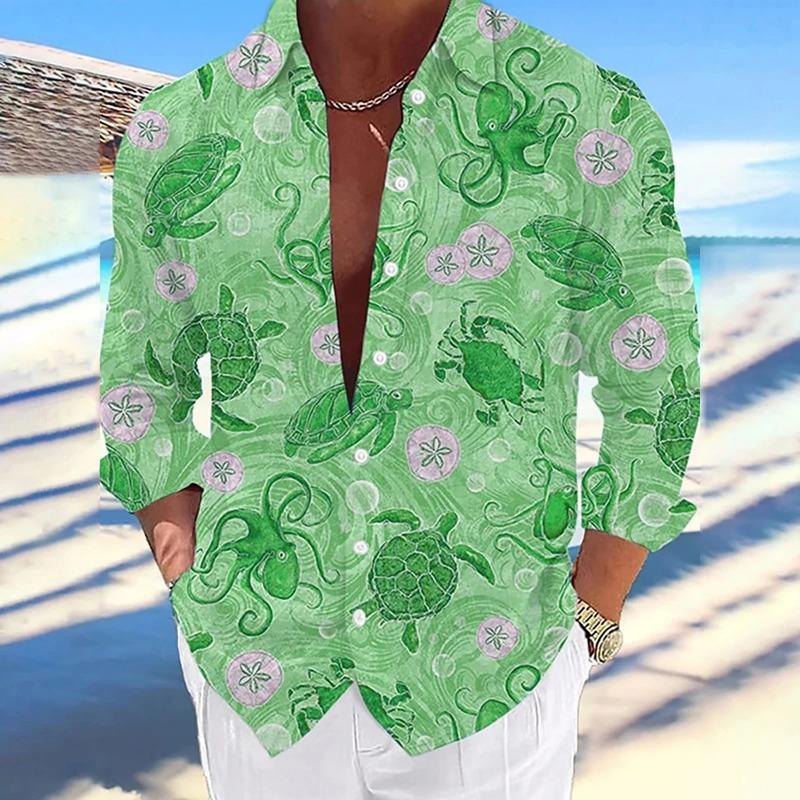 Men's Long-sleeved Shirt Casual And Comfortable Printed Sea Octopus Turtle Series Pattern Hawaiian Comfortable Large Size