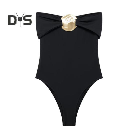 

Сексуальный монокини бандо без рукавов облегающий цельный купальник бикини с металлическими украшениями утягивающий живот быстросохнущий цельный купальник M чёрный