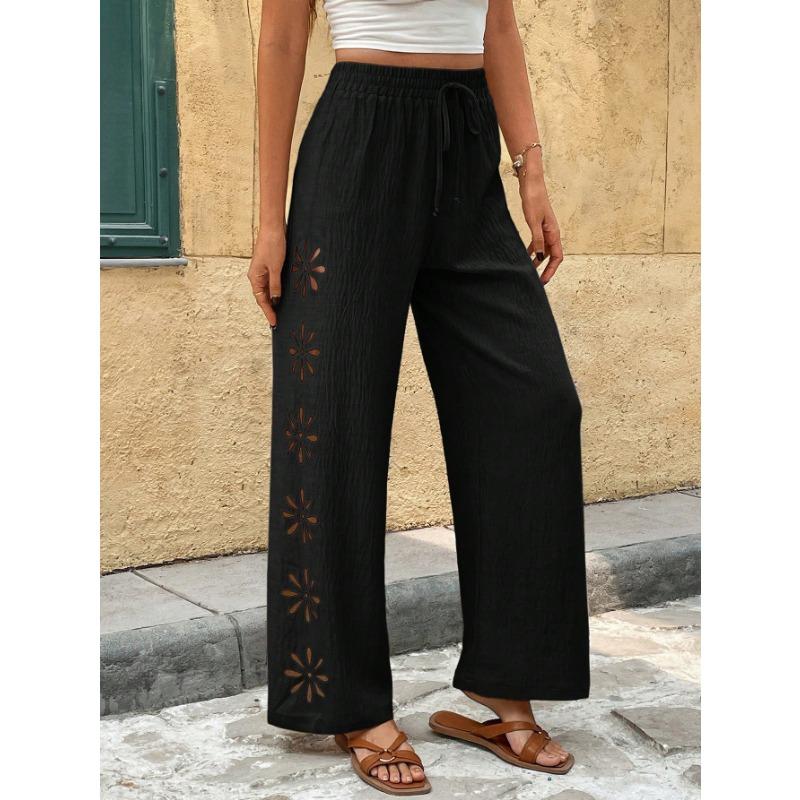 Bohemian Side Hollow Out Embroidery Elastic Waist Loose Wide Leg Long Pants