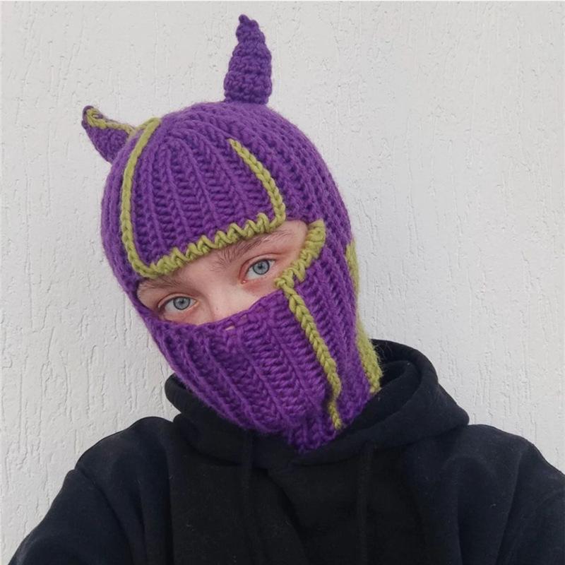 Y2K Style Crochet Halloween Party Cow Horn Parent-Child Ski Mask Hat