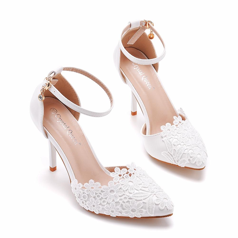 Crystal Queen Women White Lace Sandals High Heels Summer Pumps Thin Party Pointed Toe Ladie Dress Shoes