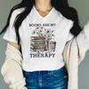Floral Book & Coffee Design V-Neck T-Shirt Books Are My Therapy Graphic Tee Bookish Casual Tops Book Coffee Lover T-shirt Female