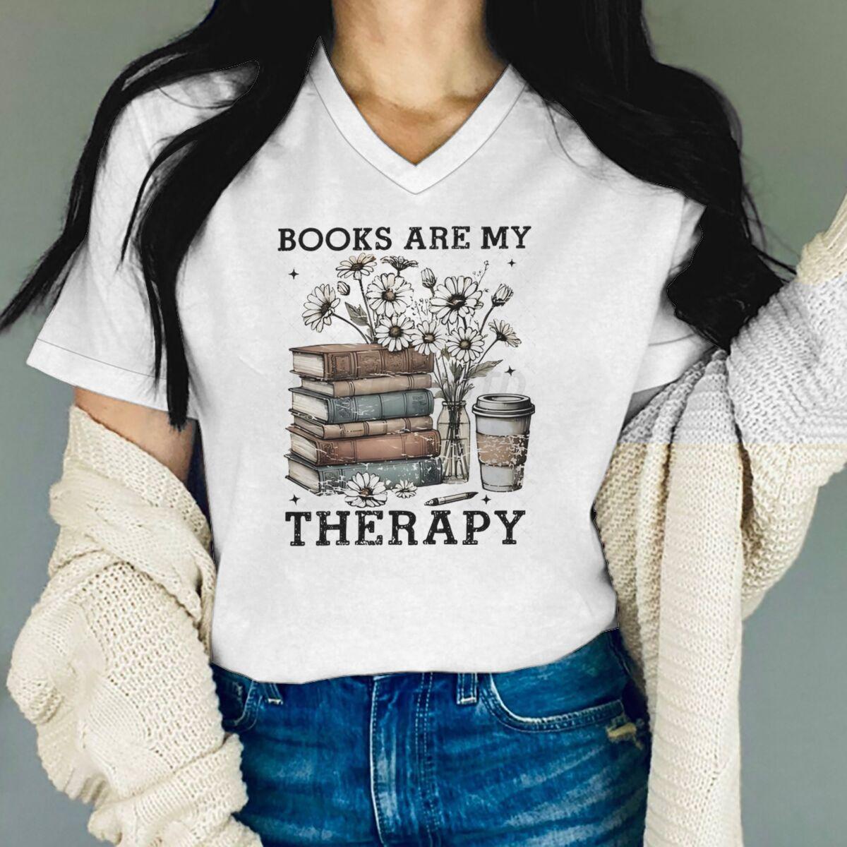 Floral Book & Coffee Design V-Neck T-Shirt Books Are My Therapy Graphic Tee Bookish Casual Tops Book Coffee Lover T-shirt Female XL