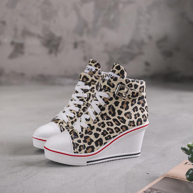 Pantofi cu pană din pânză high top pentru femei Pantofi cu șireturi din denim până la gleznă pentru femei Pantofi din pânză pentru gleznă pentru doamne Adidași cu toc de 8cm pentru femei