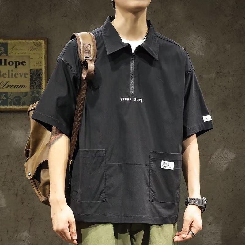 

Мужская бейсбольная рубашка с коротким рукавом в стиле ретро — модная свободная рабочая одежда American Mountain для лета L чёрный
