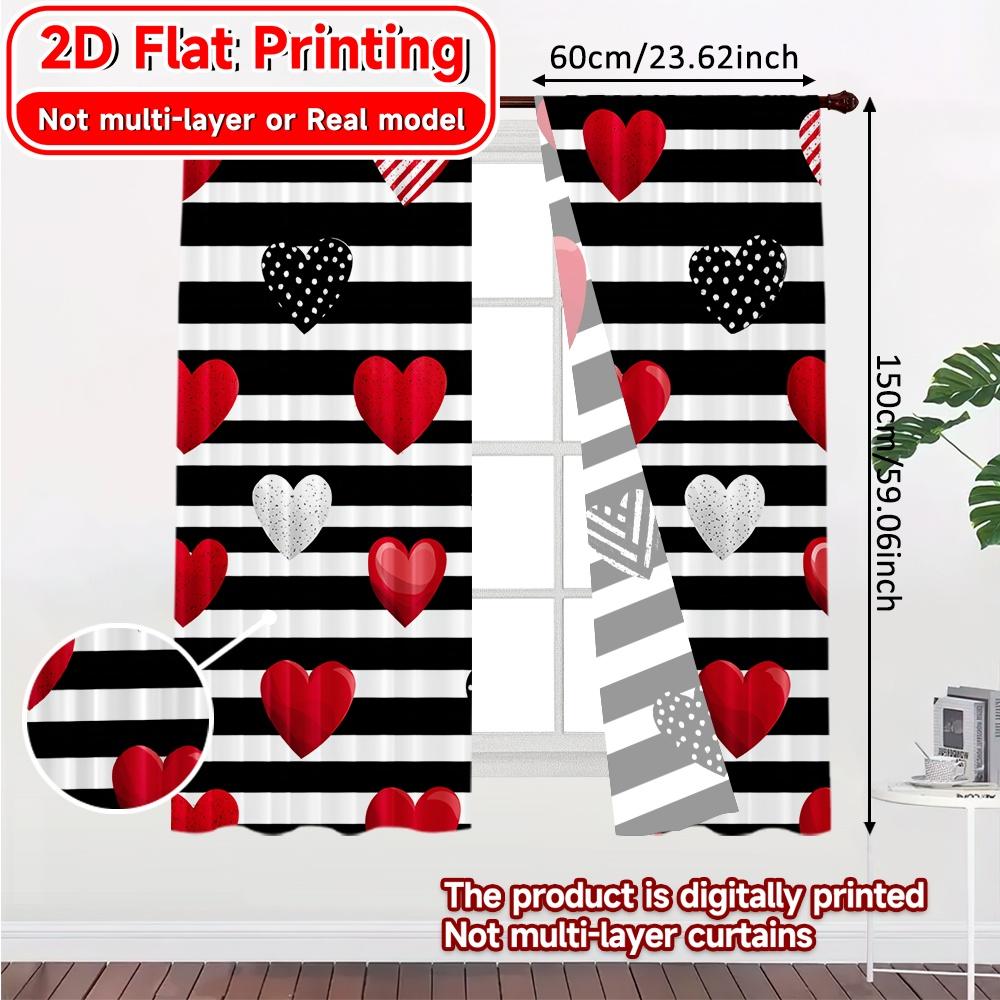 Flat Printing Heart Stripes Popular Curtain Cloth Versatile Polyester Curtains Room Decor Living Office Set Of 2 Made Washable Great Ready
