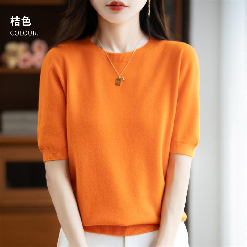 

Женский пуловер с коротким рукавом и круглым вырезом, тонкий вязаный свитер, футболка с рукавом до локтя, топ XXL оранжевый