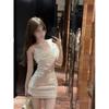 Summer New High-end Sequined Dress Skirt Women's French Fan Waist Pure Desire White Suspender Dress Tide