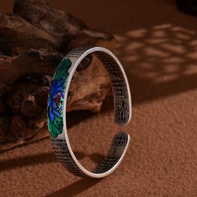Etnický styl Smalt Lotos Srdce Sutra Otevřený náramek Dámský Lotus Cloisonne náramek jako dárek k narozeninám pro přátele