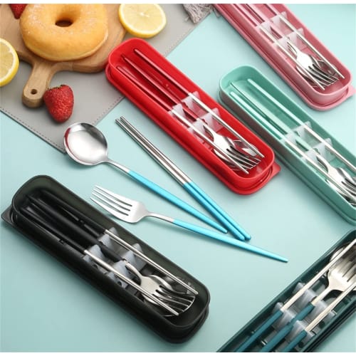 Stainless steel 3-piece cutlery set featuring chopsticks, fork, and spoon, with case. Portable and hygienic, perfect for students and adults, perfect