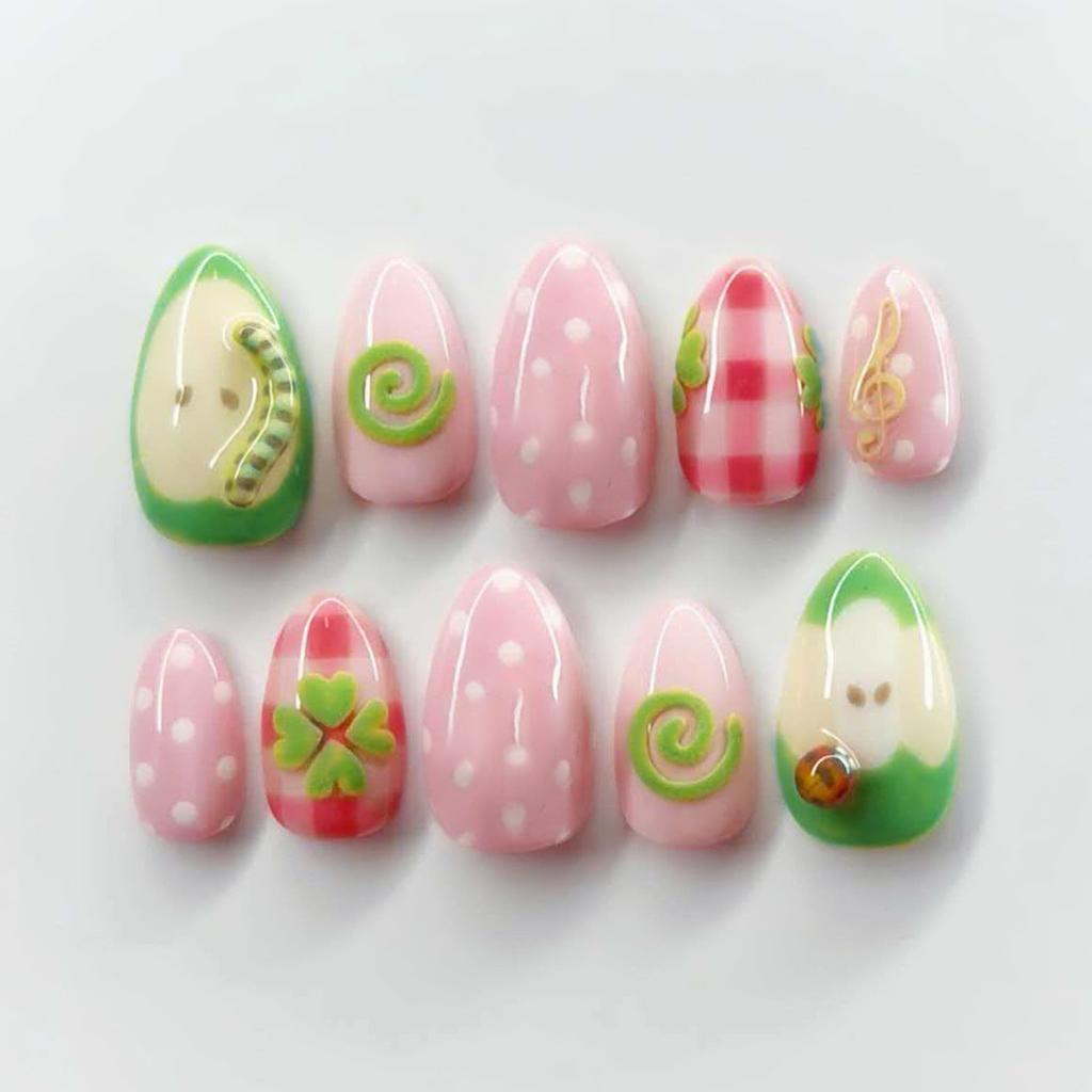 24PCS Cute Cartoon Cat Almond Press on Nails Sweet Flowers Blue Gradient French Fake Nails for Women Girls Wearable Manicure Tip
