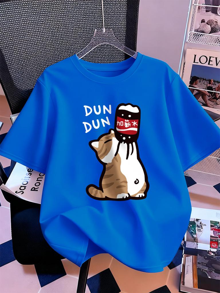 Drink Cartoon Dun Dun Cat Prints TShirts Womens Cotton Summer Short Sleeve T Shirt Loose Soft ONeck Tops Casual Womans Clothes