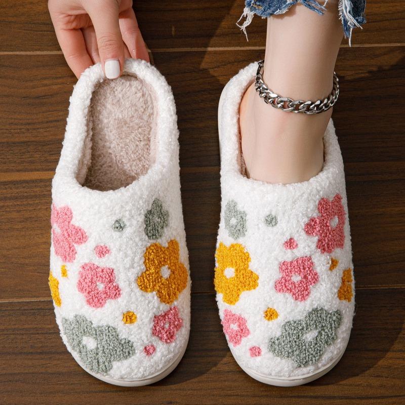 Cartoon Flower Winter Slippers, Warm Indoor House Slides