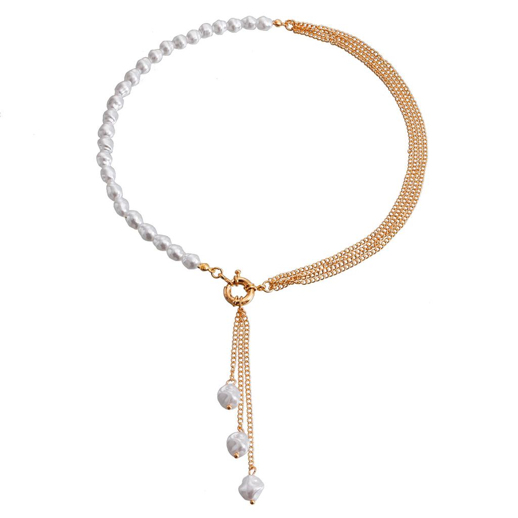 Temperament Asymmetric Special-shaped Imitation Pearl Fringed Necklace, Mixed and Matched Punk Thin Chain Necklace