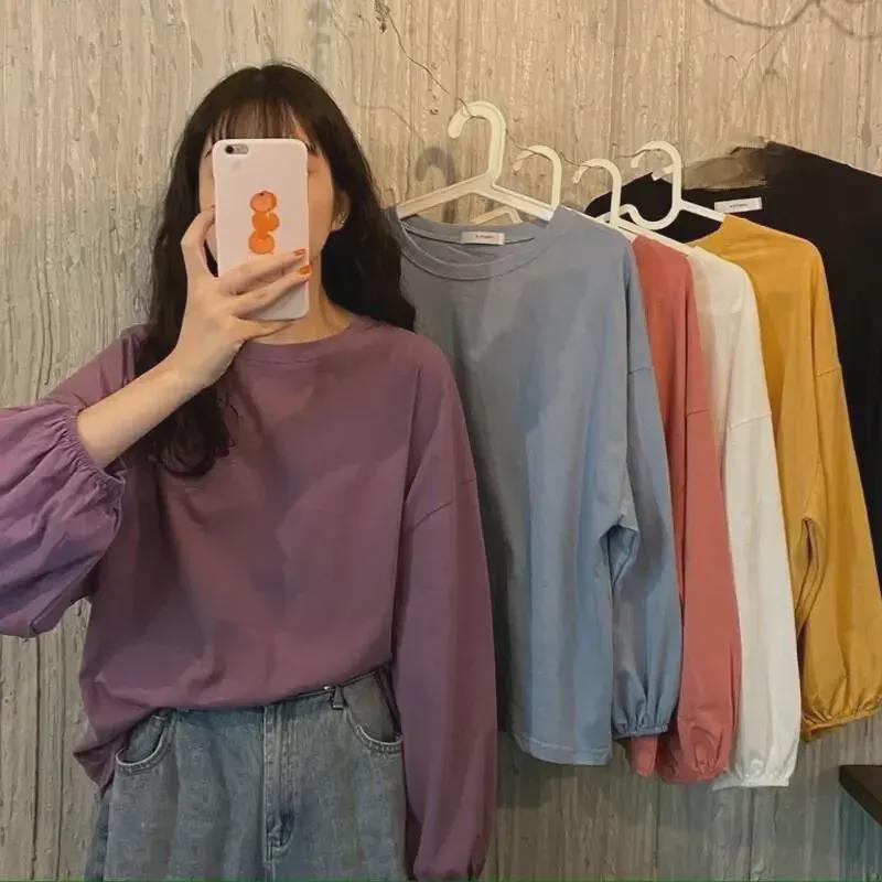2025 neues Herbst-koreanisches Loose-Fit-Laternenärmel-Langarm-T-Shirt für Frauen