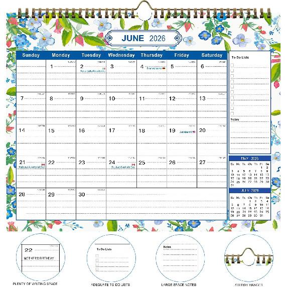 2026 Wall Calendar 12 Month - 15”*11.8” Large Wall Calendar 2026 with Stickers Thick Paper Hanging Calendars for Family Home Office School Flower