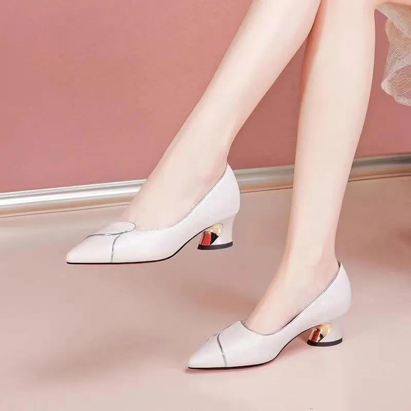 women fashion sweet pointed toe beige spring slip on square heel shoes lady classic office career work pumps ab509