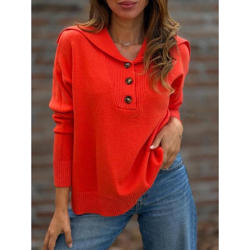Women S Loose Fit Turn Down Collared Long Sleeve Solid Color Sweater