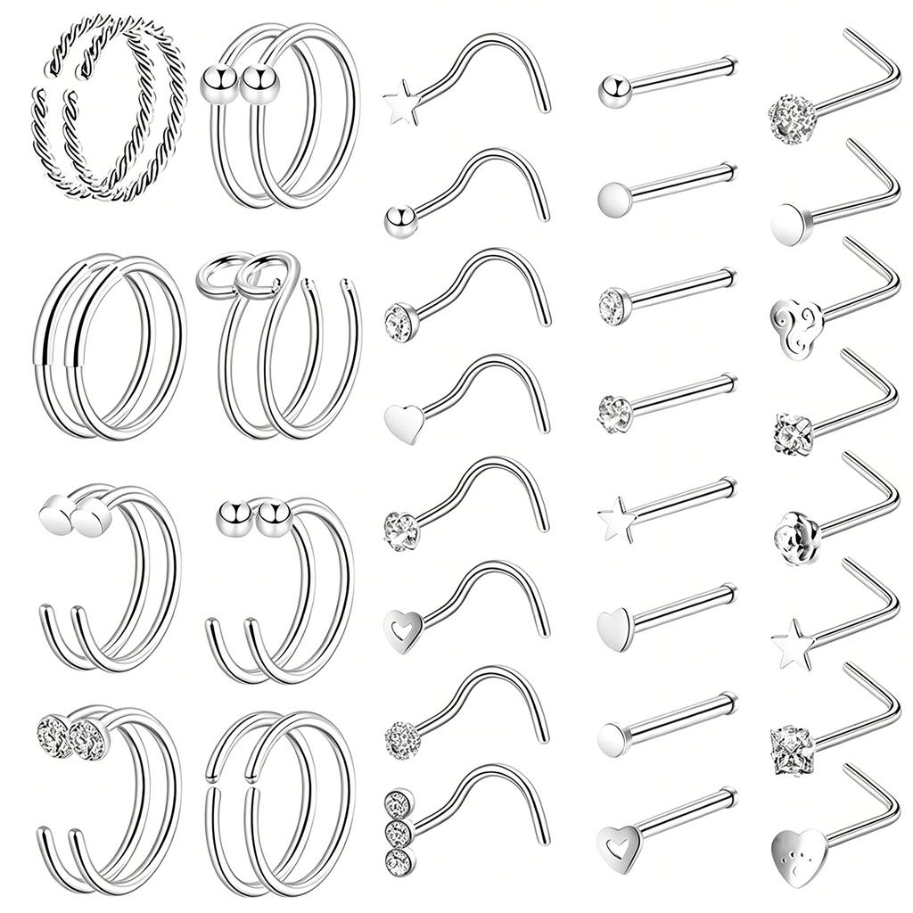 Unisex Nose Ring Stud Set Surgical Steel Hypoallergenic L Shape CZ Diamond Trendy Piercing Jewelry for Men Women Daily WearStyle