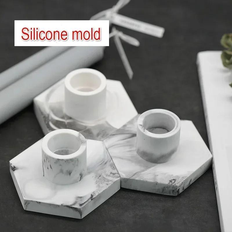 1 Stück DIY Handgefertigte Kunsthandwerk Marmormuster Langer Stiel Kerzenständer Herstellung Betonform Sechseckiger Stiel Kerzenständer Silikonform