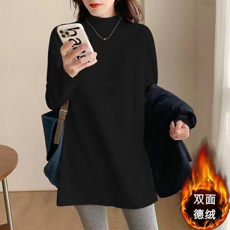 Plus Size Women's Half Turtleneck Mid-Length Long Sleeve Top Double-sided Fleece Warm Fall Winter Base Layer Shirt