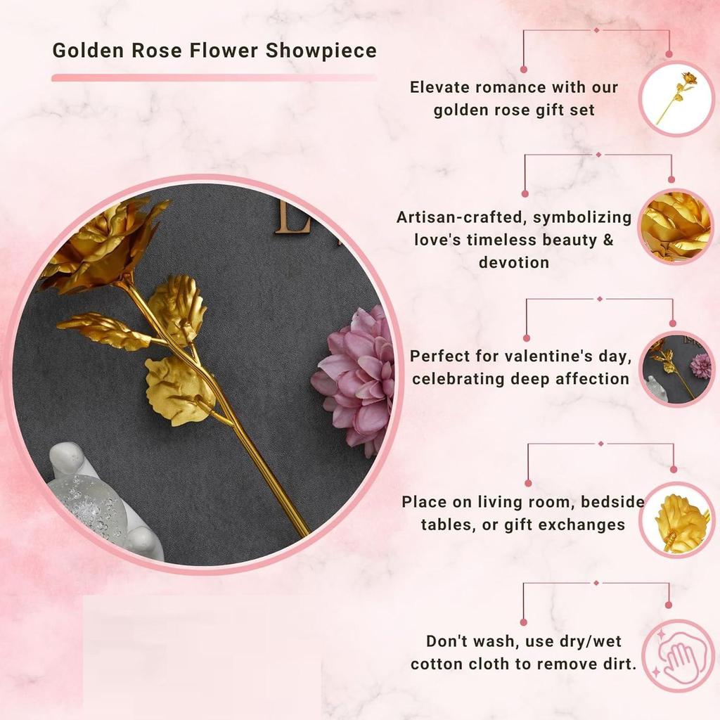 Golden Rose Flower Showpiece | Rose Day Gift | Valentine Gift for Girlfriend Boyfriend Husband Wife | Valentine Day Gifts