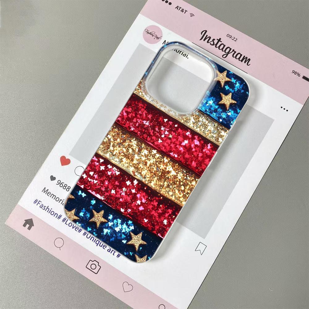 Independence Day USA Flag Case for iPhone 17 16 15 14 Plus 13 12 11 Pro Max Glitter & Vintage TPU Fashion Cover