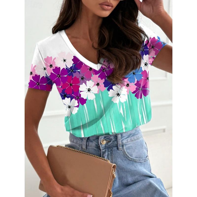 Women's Trendy T-Shirt Plants Graphics Fashion Short Sleeved V-Neck Regular Tops Daily Print Tee 2025  Summer Y2K Casual Tops