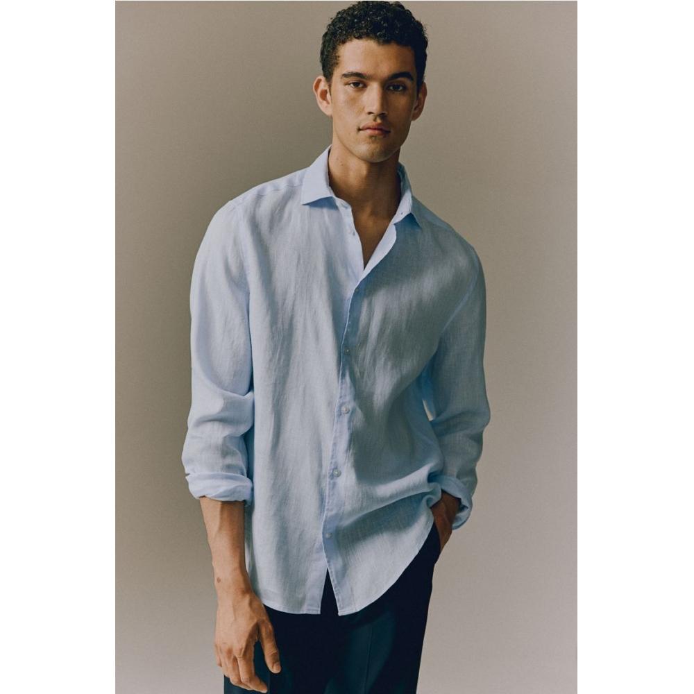 

HM Slim fit льняная рубашка светло-синего цвета