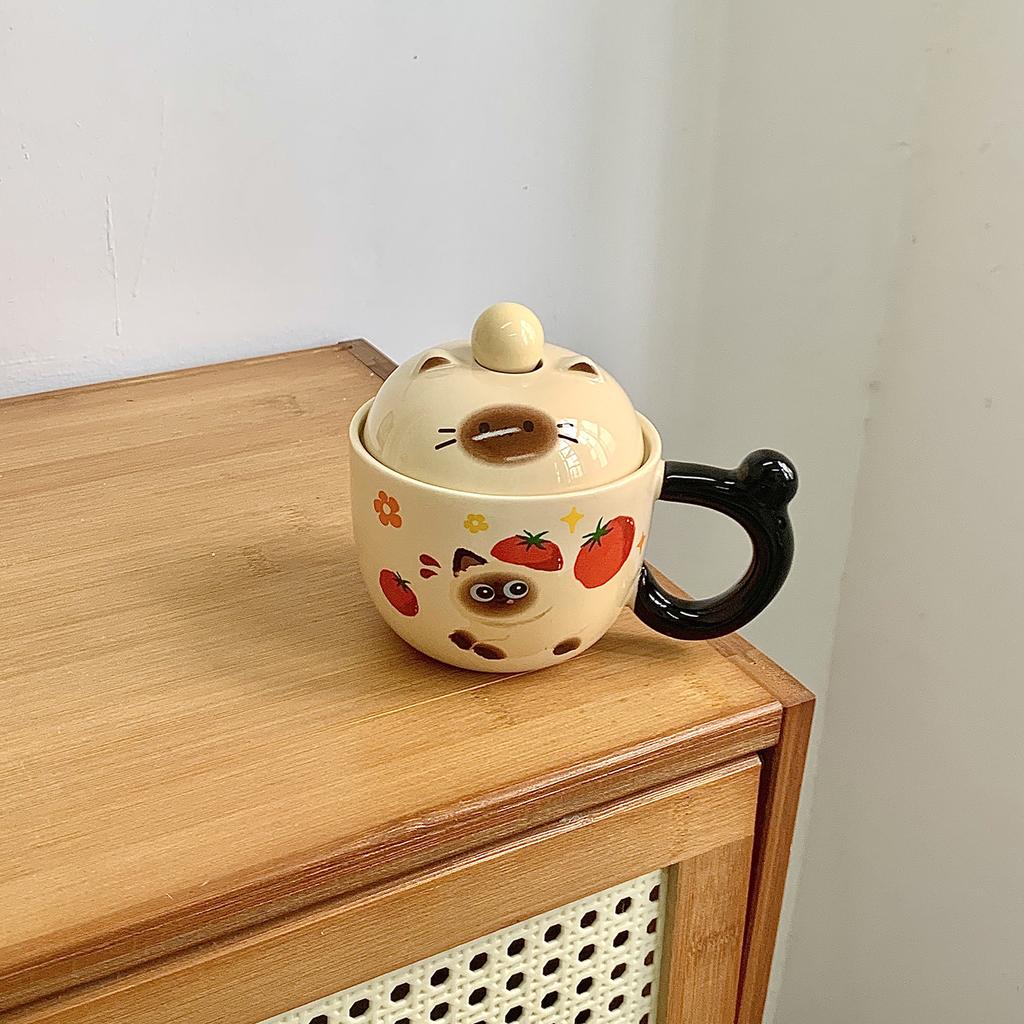 Siamese Cat Mug with Lid Spoon Cute Ceramic Cup for Women Home Office Coffee Breakfast Cup Birthday Gift