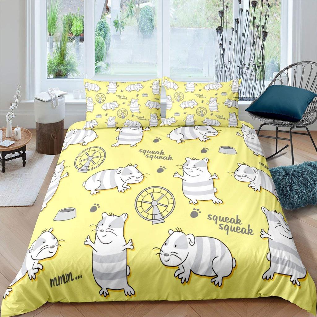 Guinea Pig King Queen Bedding Set Lovely Cartoon Mouse Duvet Cover Flower Plant Animal Comforter Cover Polyester Quilt Cover