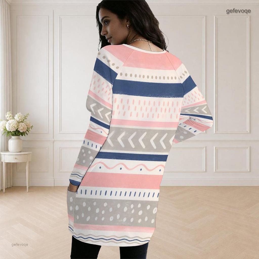 Women Plus Size Round Neck Long Sleeve Geometric Printed Loose Longline Top With Pockets