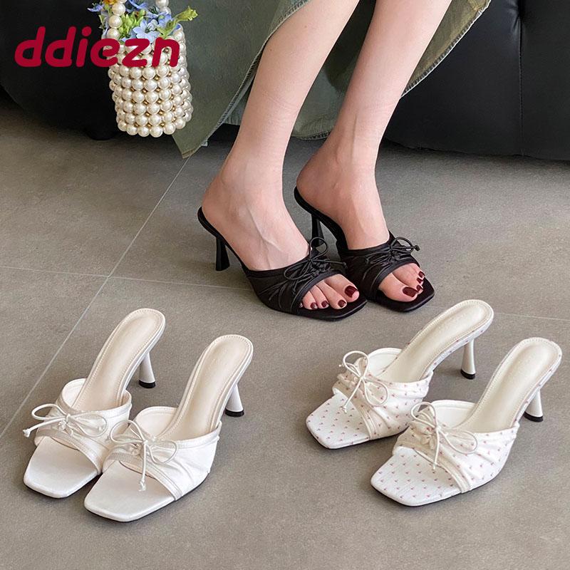 Fashion Elegant Women Pumps Heels Slides Shoes Female Slip On Footwear Square Toe Fashion Butterfly-Knot Ladies High Heels Shoes