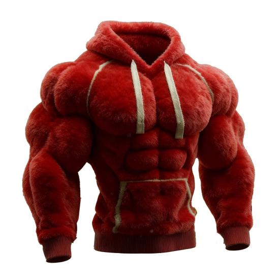 Yousheng Men Muscle Hoodie 3D Pattern Fuzzy Pullover Muscular Long Sleeve Warm Hooded Sweatshirt for Casual Sports Streetwear Fashion