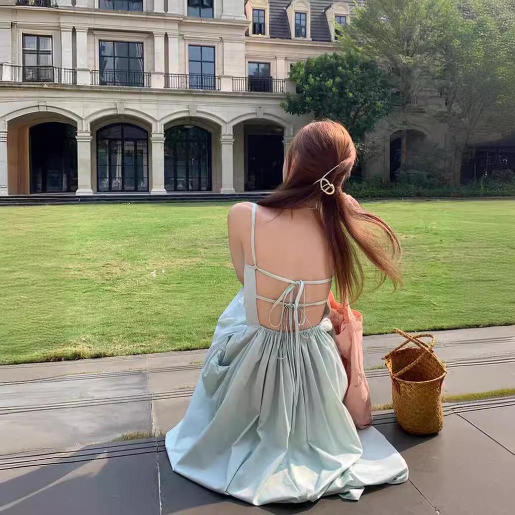 Women's Seaside Summer Backless Bandage Beach Dress with French Slip Design