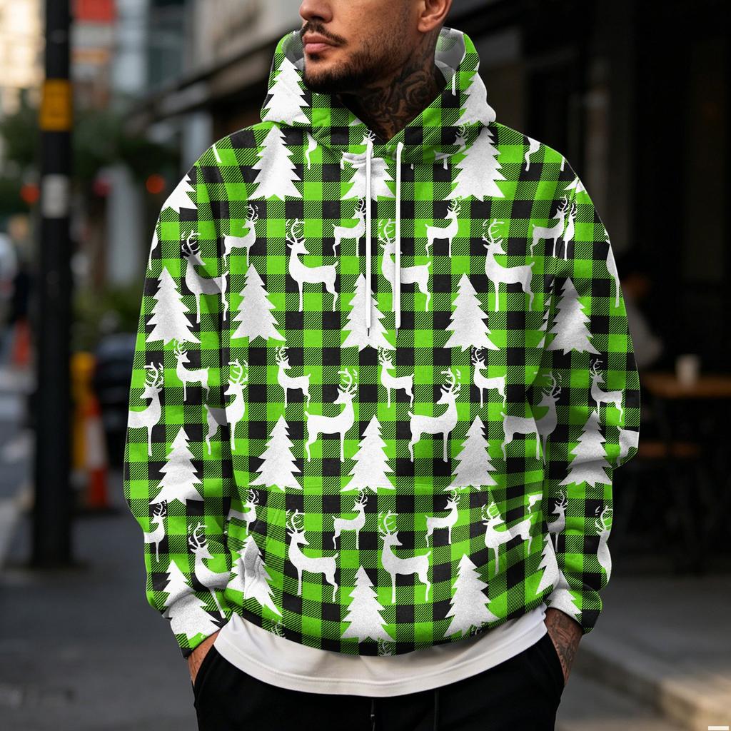 Julehættetrøje til mænd med stort print og store lommer, afslappet løstsiddende pullover til ferien