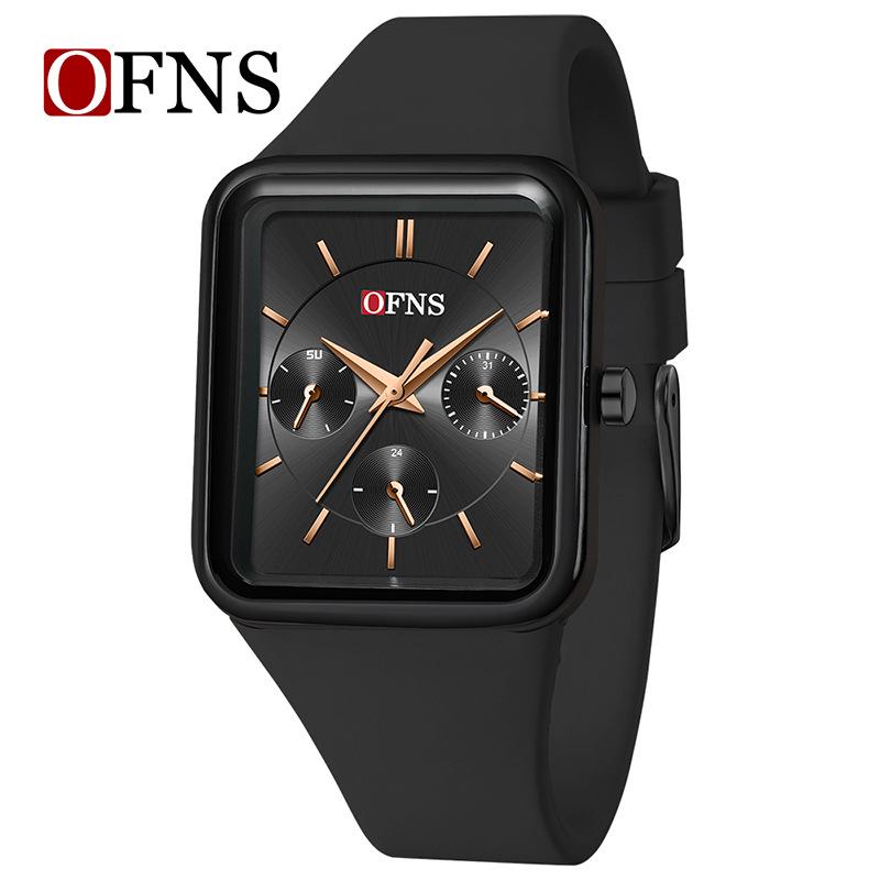 OFNS Unisex Waterproof Quartz Watch: Square Dial, Three-Eye Design, Fashionable and Simple.