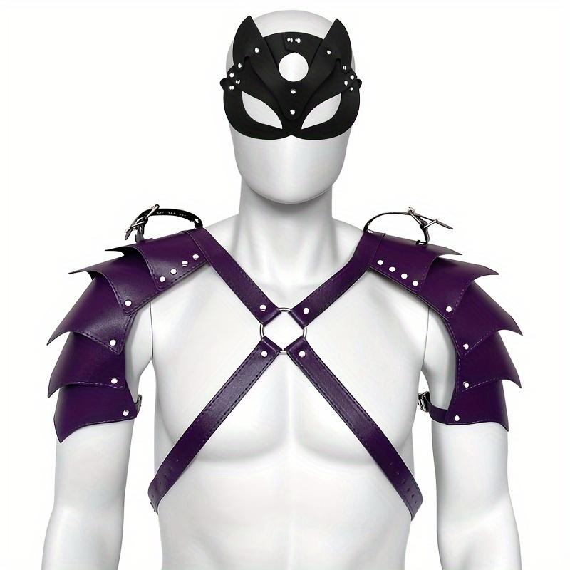 2-teiliges Set Erotische BDSM-Lederjacke für Herren, Ganzkörpergeschirr-Tücher für Schwule, Bondage-Kleidung mit doppelter Schulterpanzerung und Maske, hübsches Bühnenauftrittsset