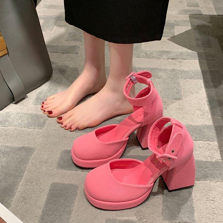 Super High Heels Mary Jane High Heels Damen 2024 Frühling Neu Rosa Prinzessin Eckige Spitze Dicke Absätze Hohl Sandalen