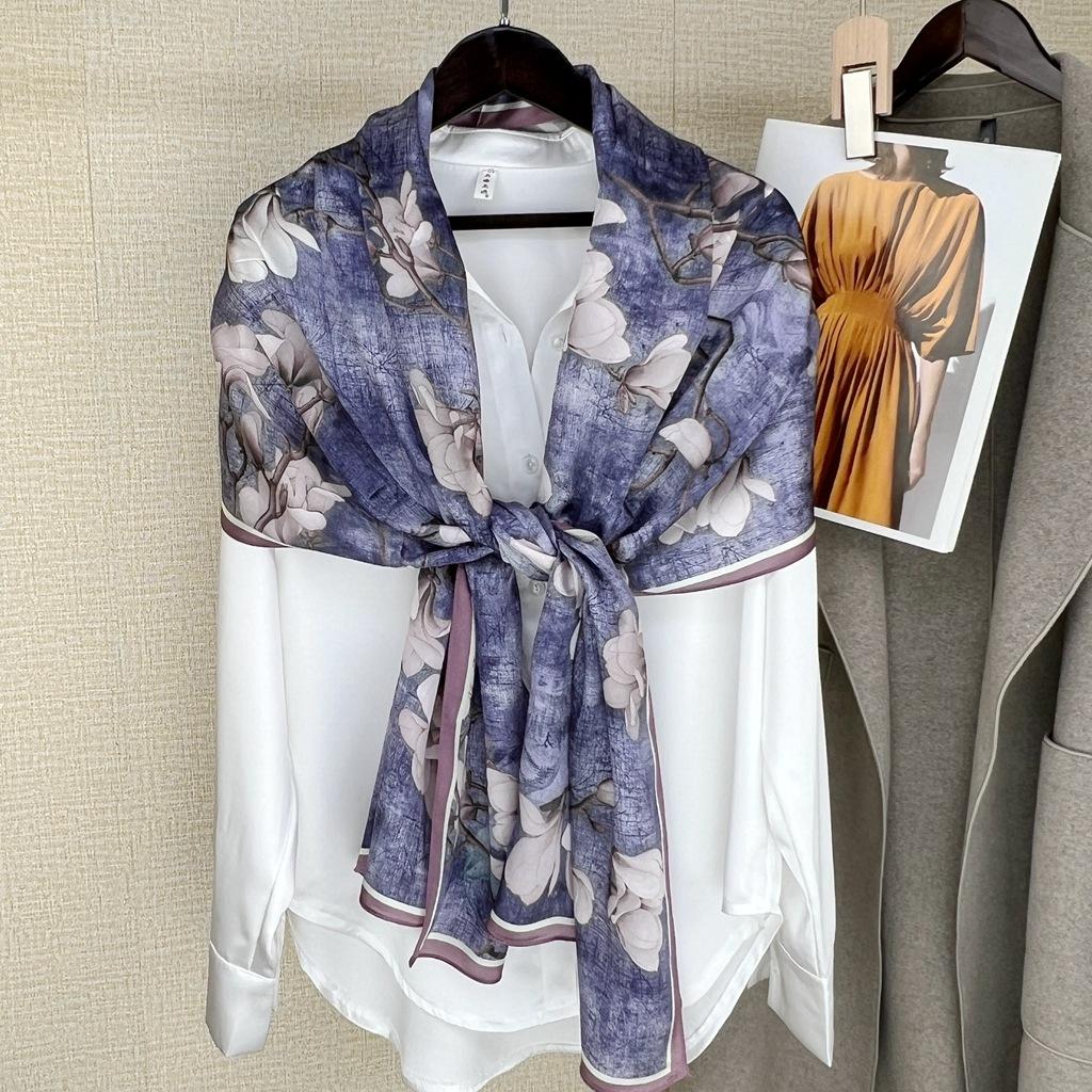 Silk Crepe Satin Long Silk Scarf Female Soft Temperament Versatile Chinese Mulberry Silk Sunscreen Shawl Scarf