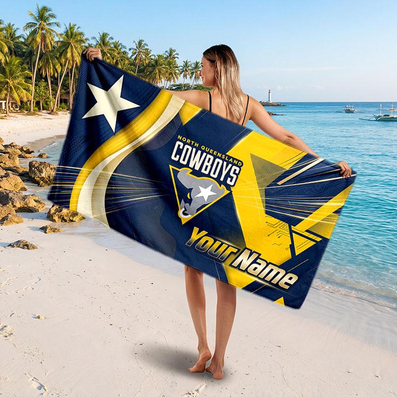 North Queensland Cowboys Customized Name Text Beach Towel, Soft Absorbent Towel Beach Pool Travel Personal Gift