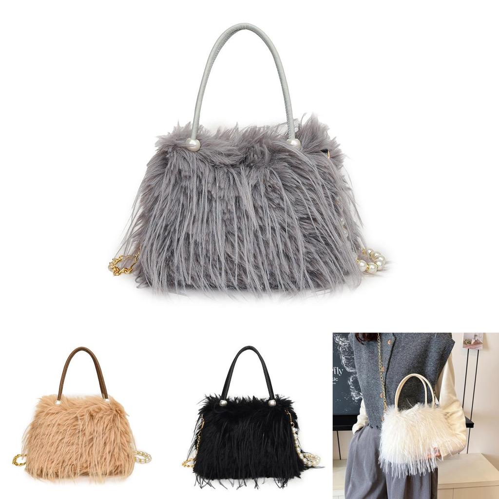 Solid Color Plush Handbag With Zipper And Chain For Casual Daily Use