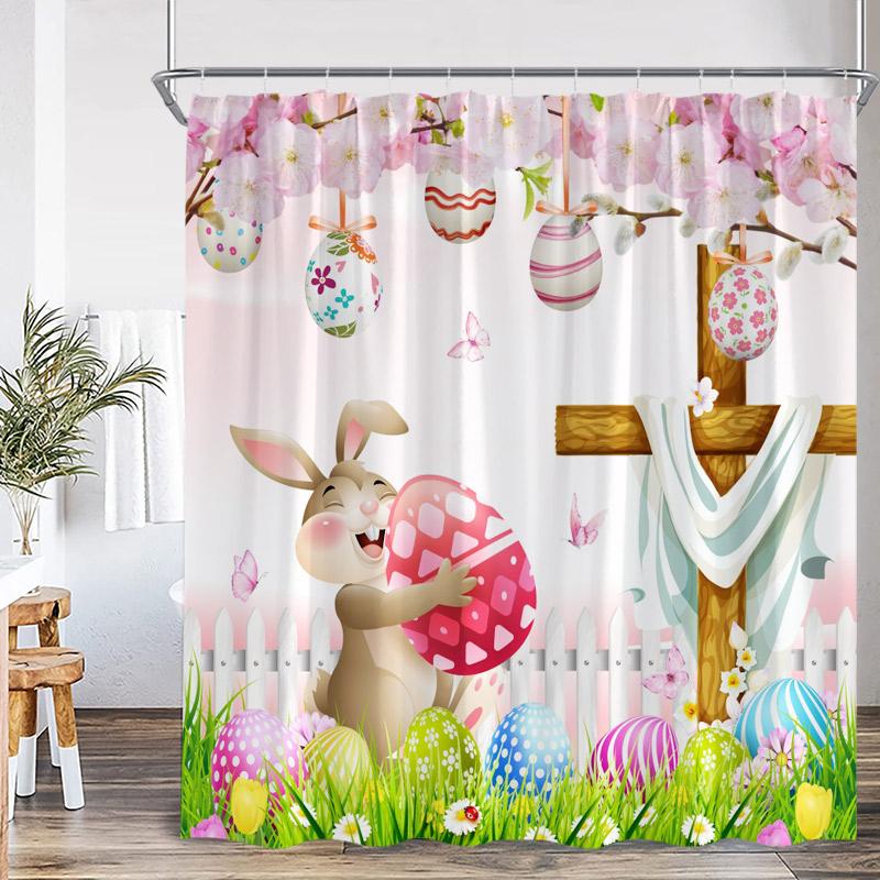 Funny Bunny Easter Shower Curtains Butterfly Watercolour Floral Rabbit Eggs Rustic Fabric Home Bathroom Curtain Decor With Hooks