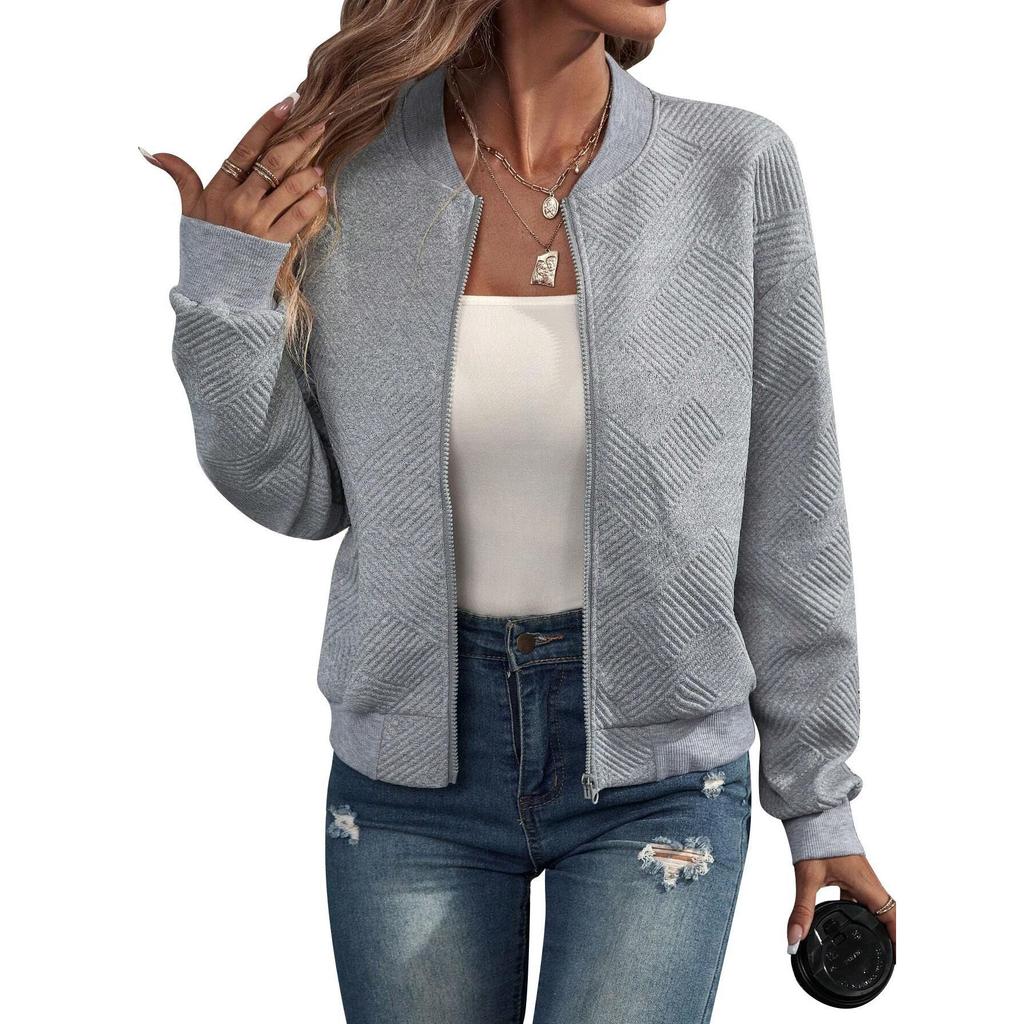 Women's Solid Textured Zip Up Jacket Casual Long Sleeve Mock Neck Outerwear for Spring & Fall Ladies Clothes for Daily Wear